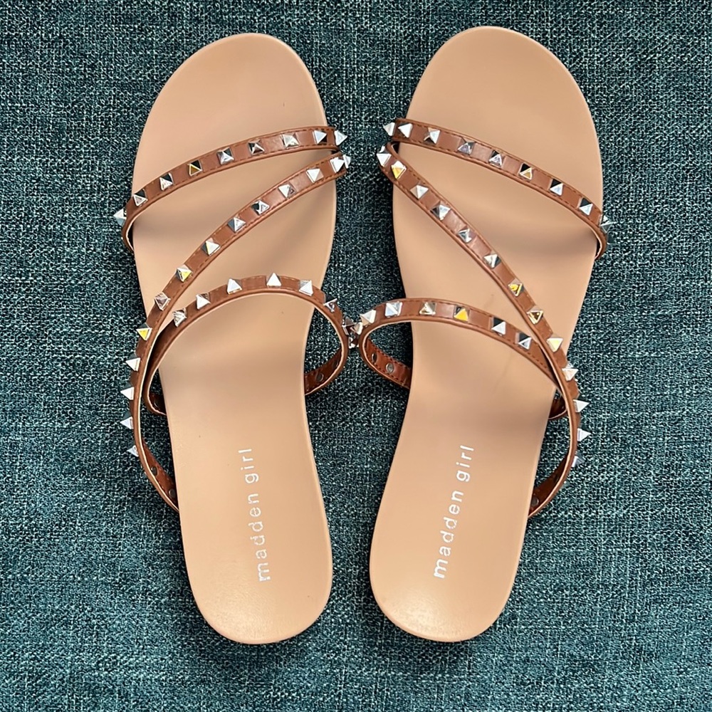 Madden girl sandals, size 9, brown straps with spiked details.